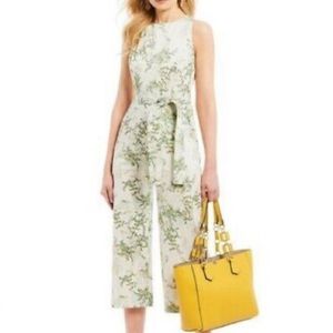 ANTONIO MELANI Womens Leaf Print Jumpsuit Round Neck, Cropped Leg W/Pockets Sz 0